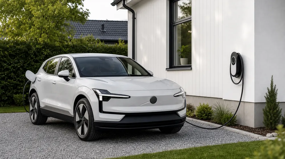 Hel elbil och väggmonterad laddbox vid villa
