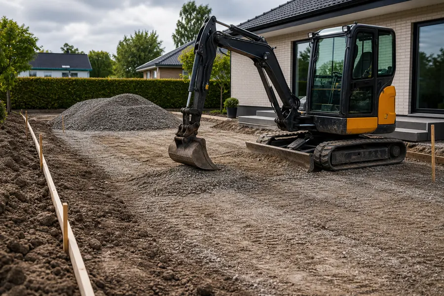 Kompakt grävare förbereder markyta vid villa