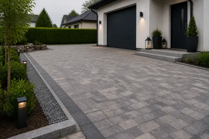 Stenlagd garageuppfart med marksten, kantsten och modern villaentré