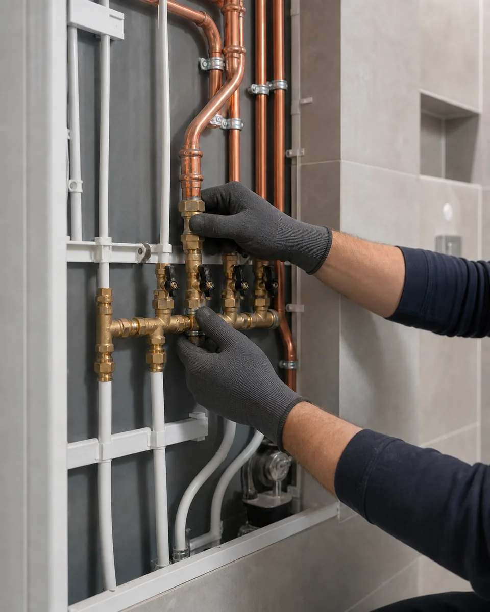 VVS-montör installerar rör och ventiler i ett modernt teknikrum