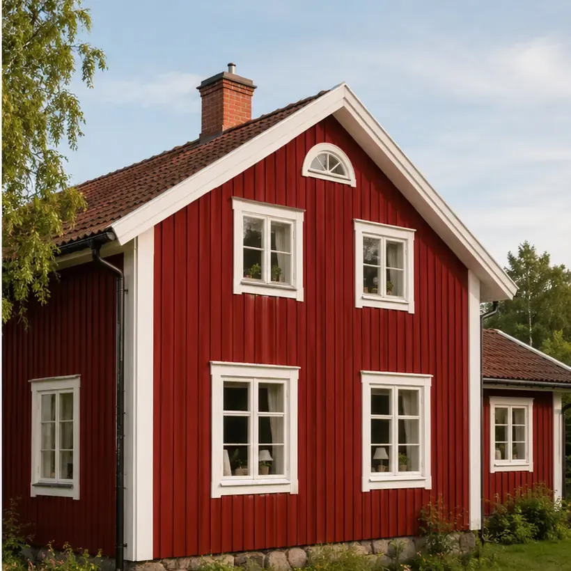 Nymålad röd träfasad med vita detaljer