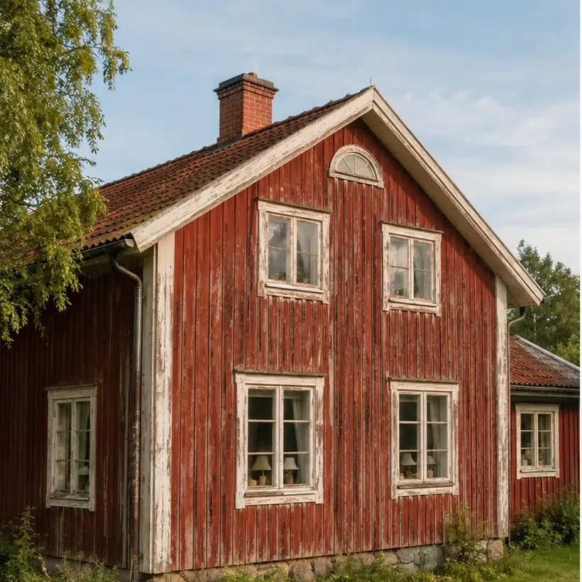 Sliten röd träfasad före målning